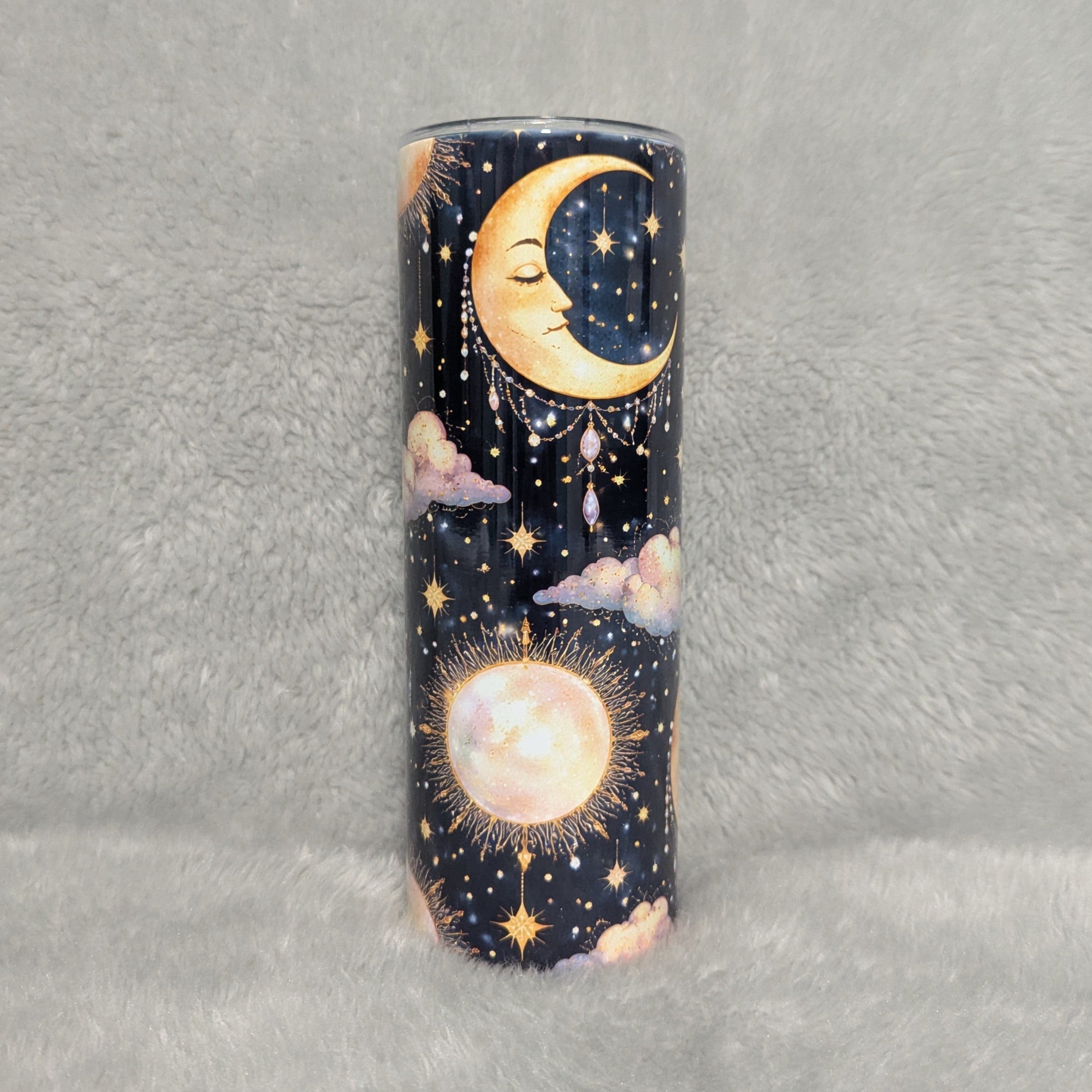 Nighttime Blue Tumbler - Moon, Sun & Clouds 20oz With Reusable Straw, Can Be Personalized