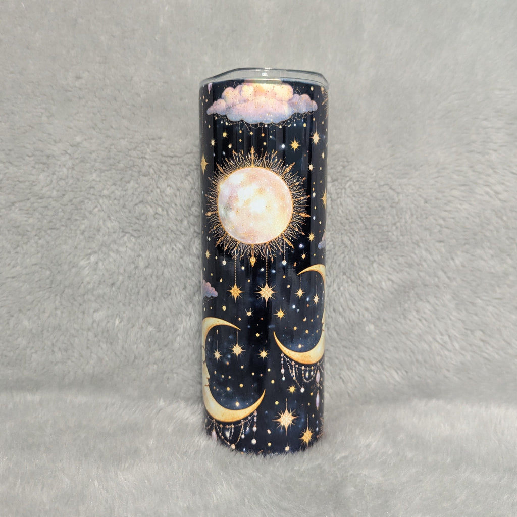 Nighttime Blue Tumbler - Moon, Sun & Clouds 20oz With Reusable Straw, Can Be Personalized