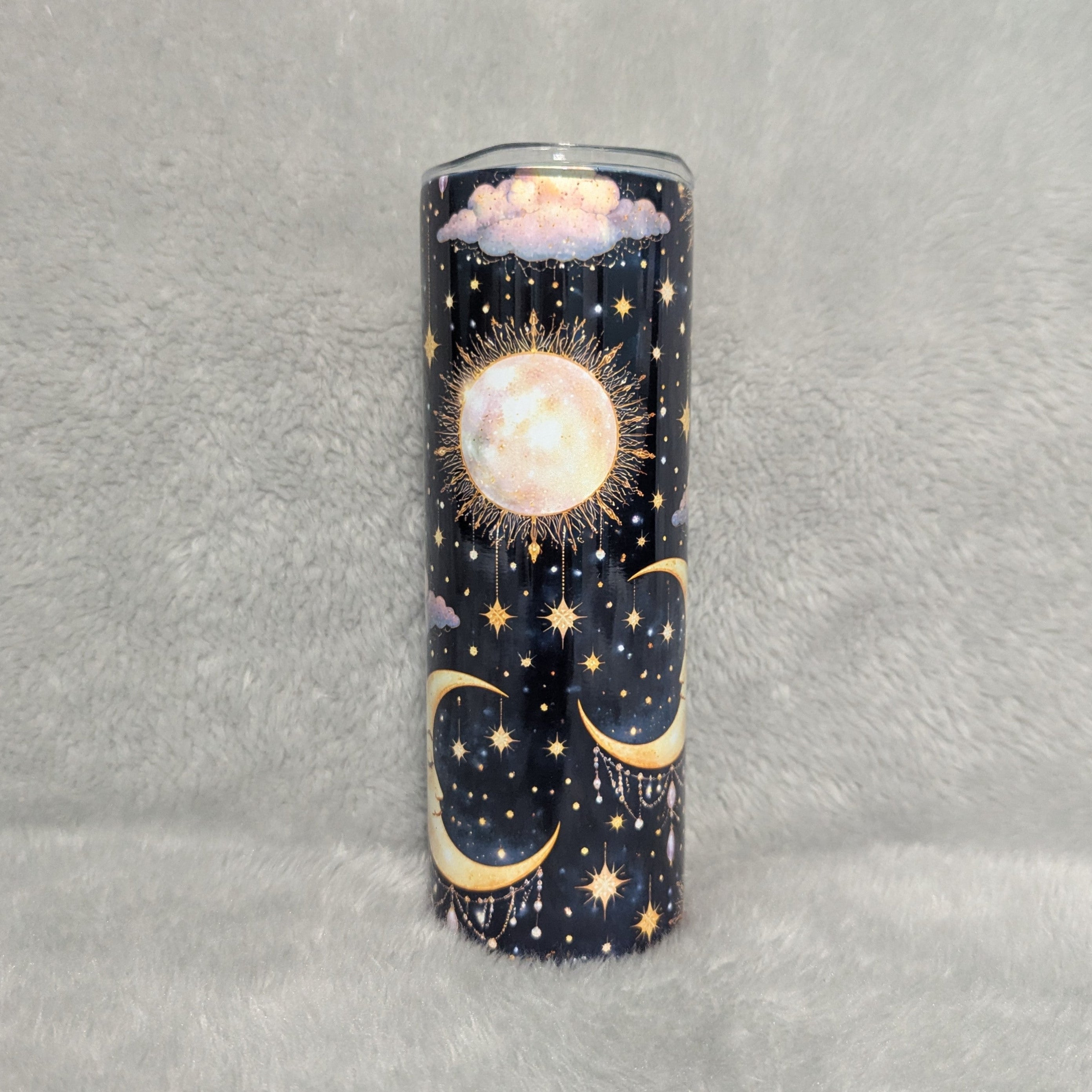 Nighttime Blue Tumbler - Moon, Sun & Clouds 20oz With Reusable Straw, Can Be Personalized