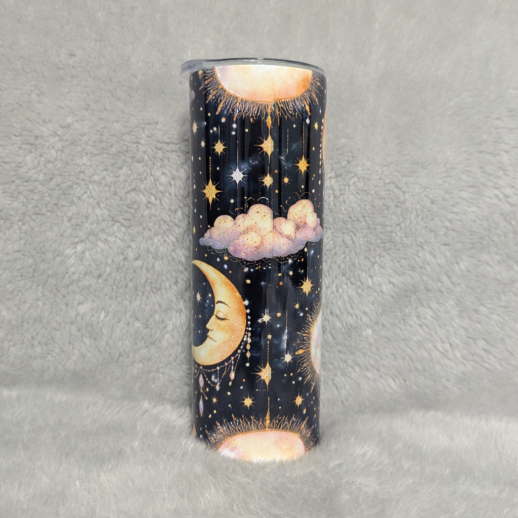 Nighttime Blue Tumbler - Moon, Sun & Clouds 20oz With Reusable Straw, Can Be Personalized