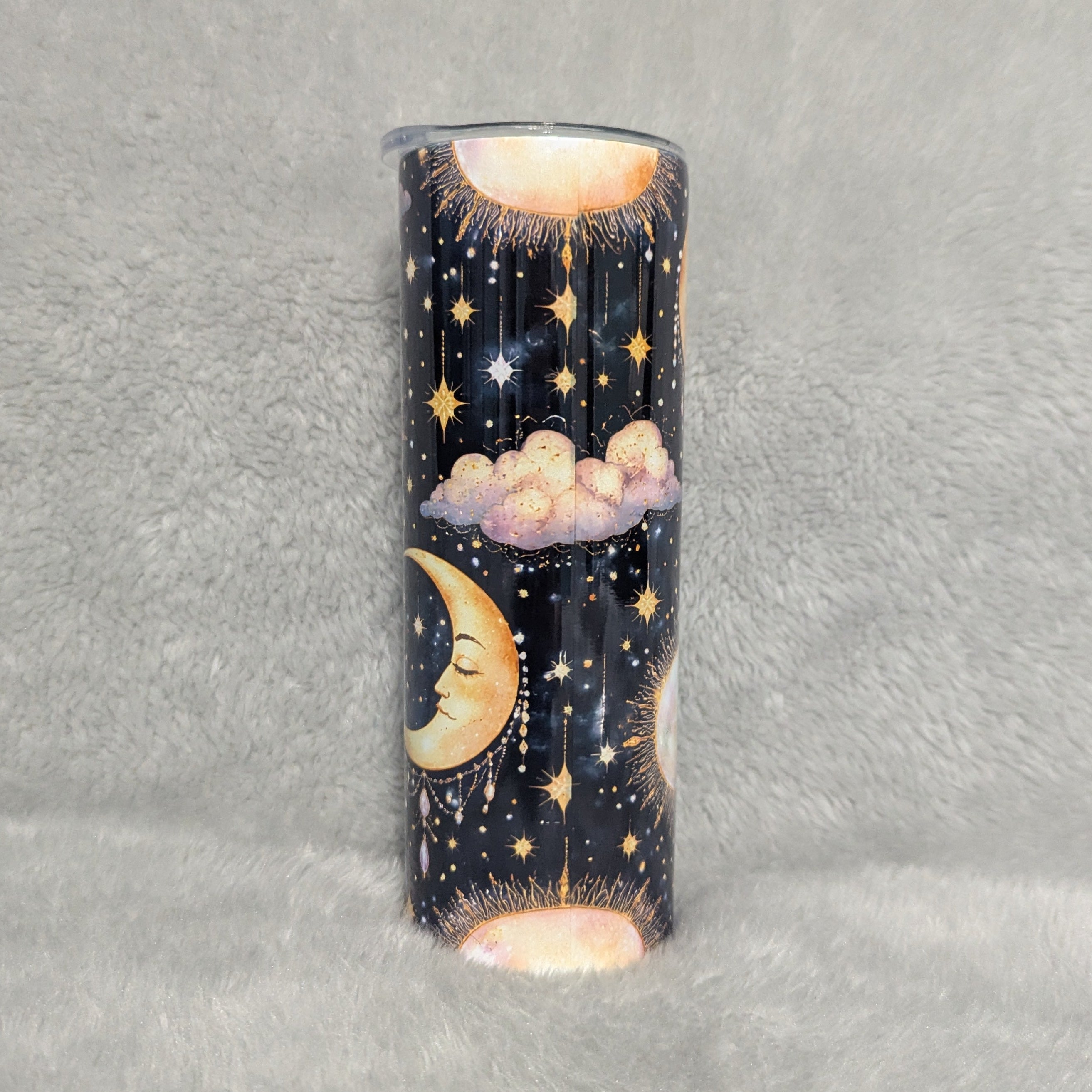 Nighttime Blue Tumbler - Moon, Sun & Clouds 20oz With Reusable Straw, Can Be Personalized
