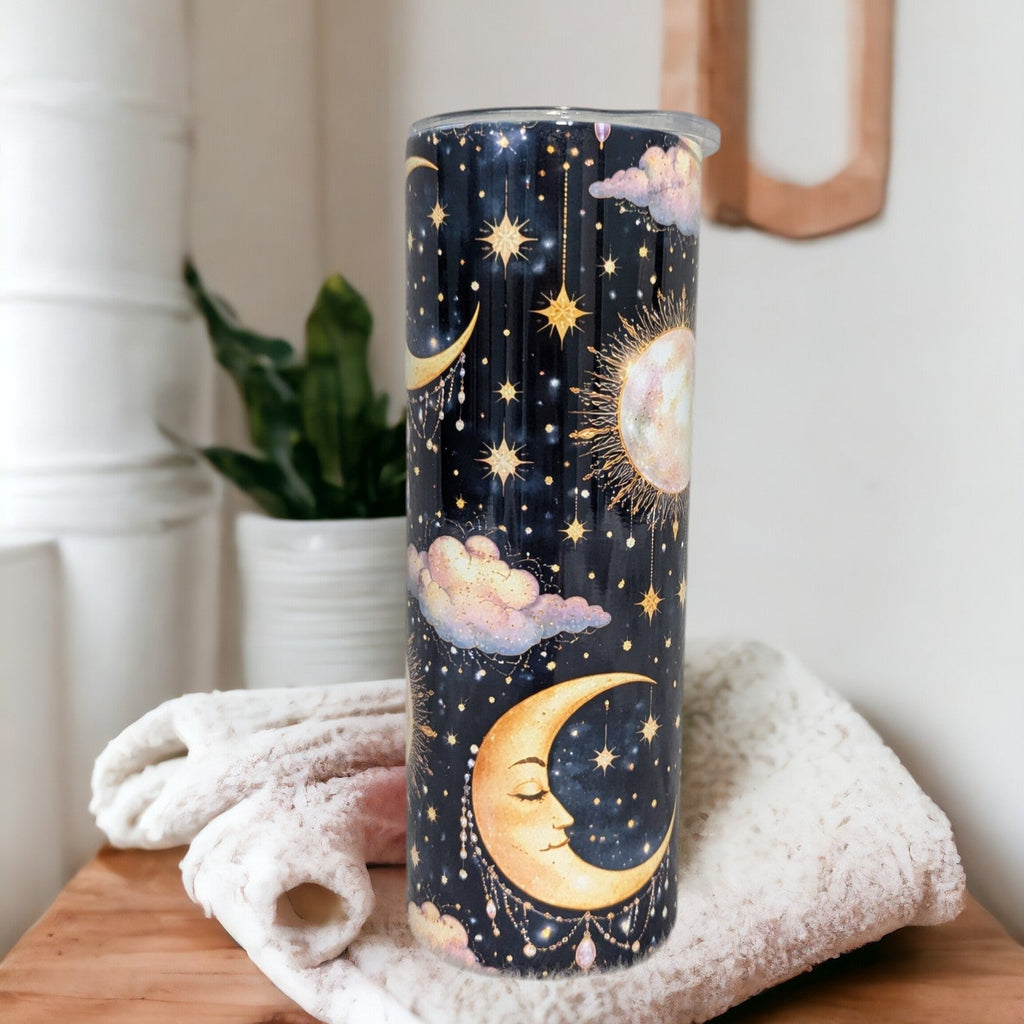 Nighttime Blue Tumbler - Moon, Sun & Clouds 20oz With Reusable Straw, Can Be Personalized