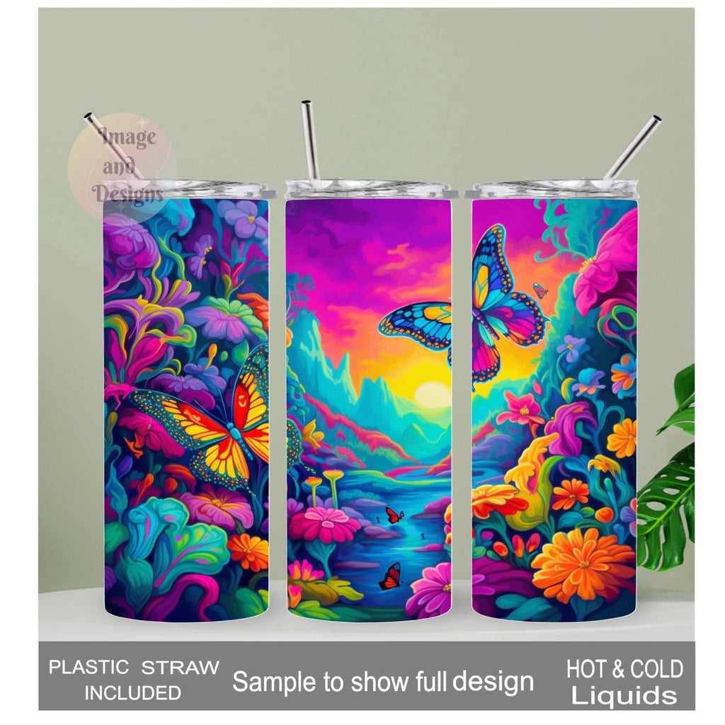 Neon Color Butterfly Tumbler 20oz With Reusable Straw, Can Be Personalized