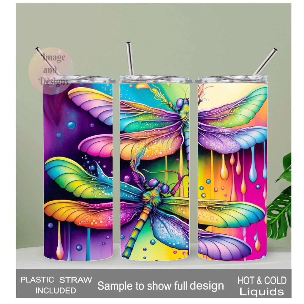 Neon Dragonfly Tumbler 20oz With Reusable Straw Can Be Personalized