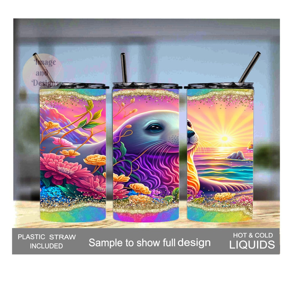 Colorful Neon Kids Seal Tumbler 15oz With Reusable Straw Can Be Personalized