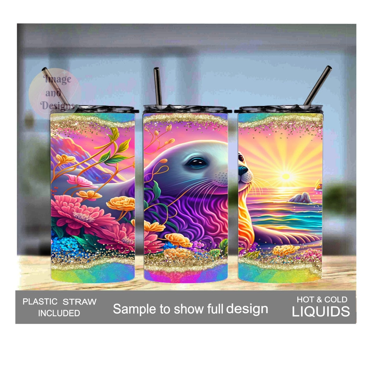 Colorful Neon Kids Seal Tumbler 15oz With Reusable Straw Can Be Personalized