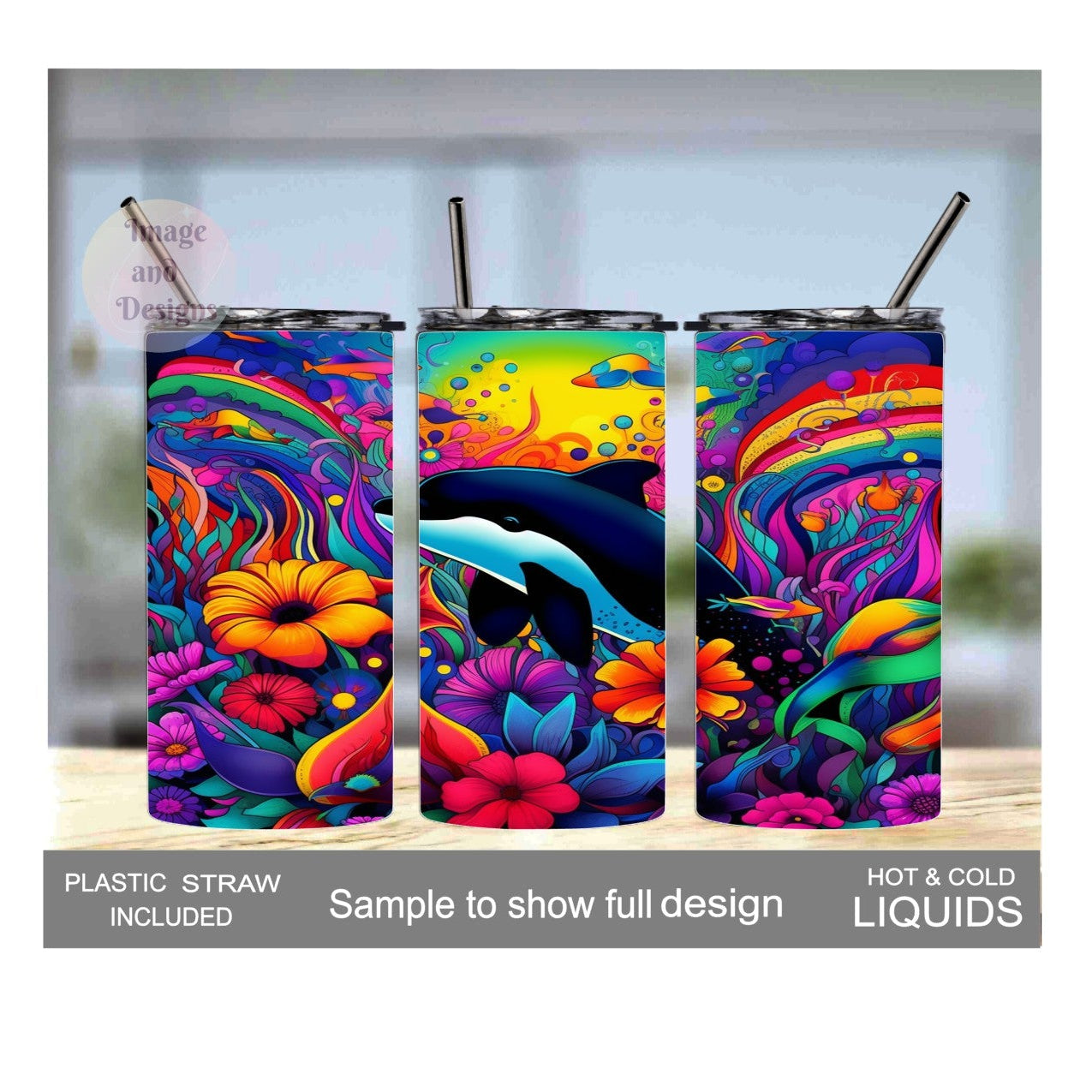 Neon Color Orca Whale Kids Tumbler 15oz With Reusable Straw, Can Be Personalized