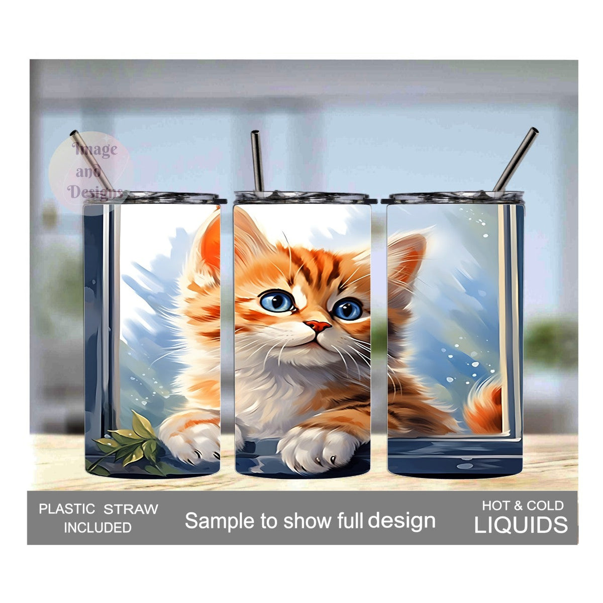 Kids Orange Tabby Kitten Tumbler 15oz With Reusable Straw Can Be Personalized