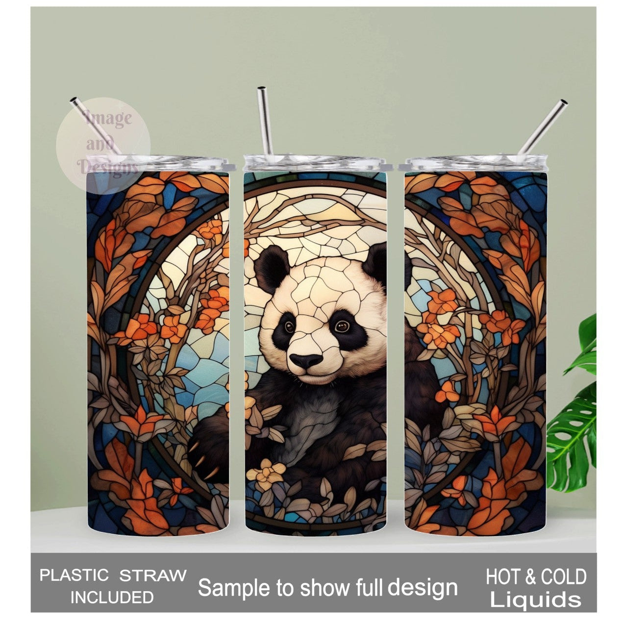 Panda Bear Tumbler With A Stained Glass Design 20oz With Reusable Straw, Can Be Personalized