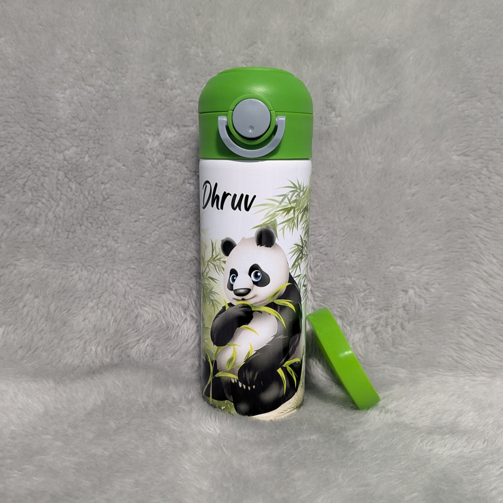 Kids Panda Bear Water Bottle 12oz With Reusable Straw, Can Be Personalized