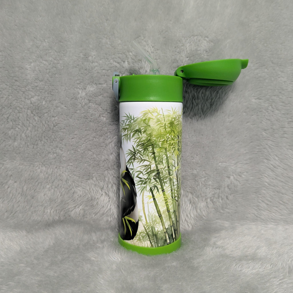 Kids Panda Bear Water Bottle 12oz With Reusable Straw, Can Be Personalized
