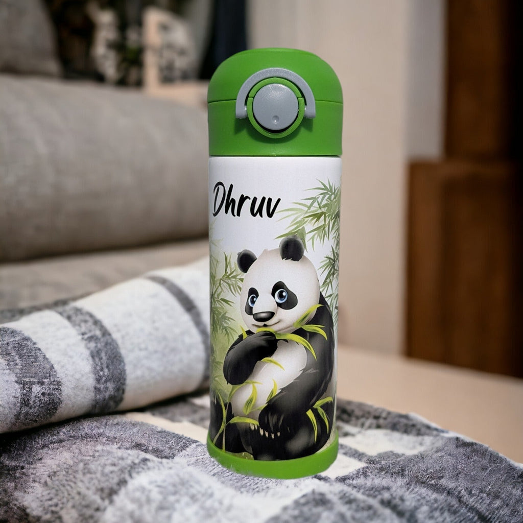 Kids Panda Bear Water Bottle 12oz With Reusable Straw, Can Be Personalized