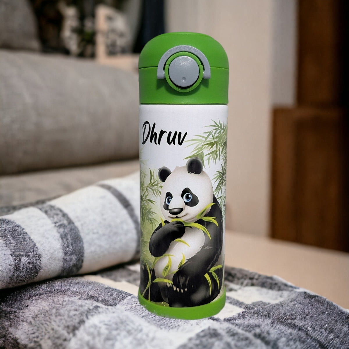 Kids Panda Bear Water Bottle 12oz With Reusable Straw, Can Be Personalized