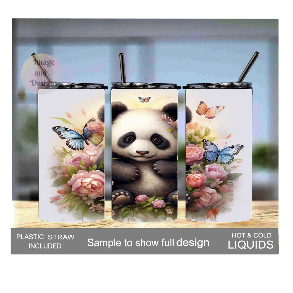 Panda Bear With Flowers And Butterflies Tumbler 15oz With Reusable Straw, Can Be Personalized