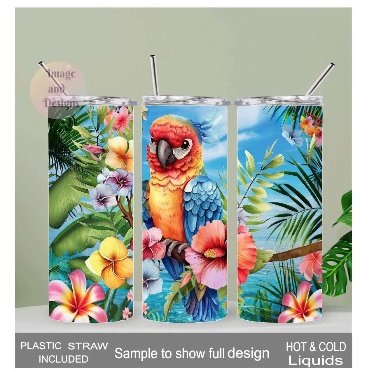 Pretty Parrot Tumbler 20oz With Reusable Straw, Can Be Personalized