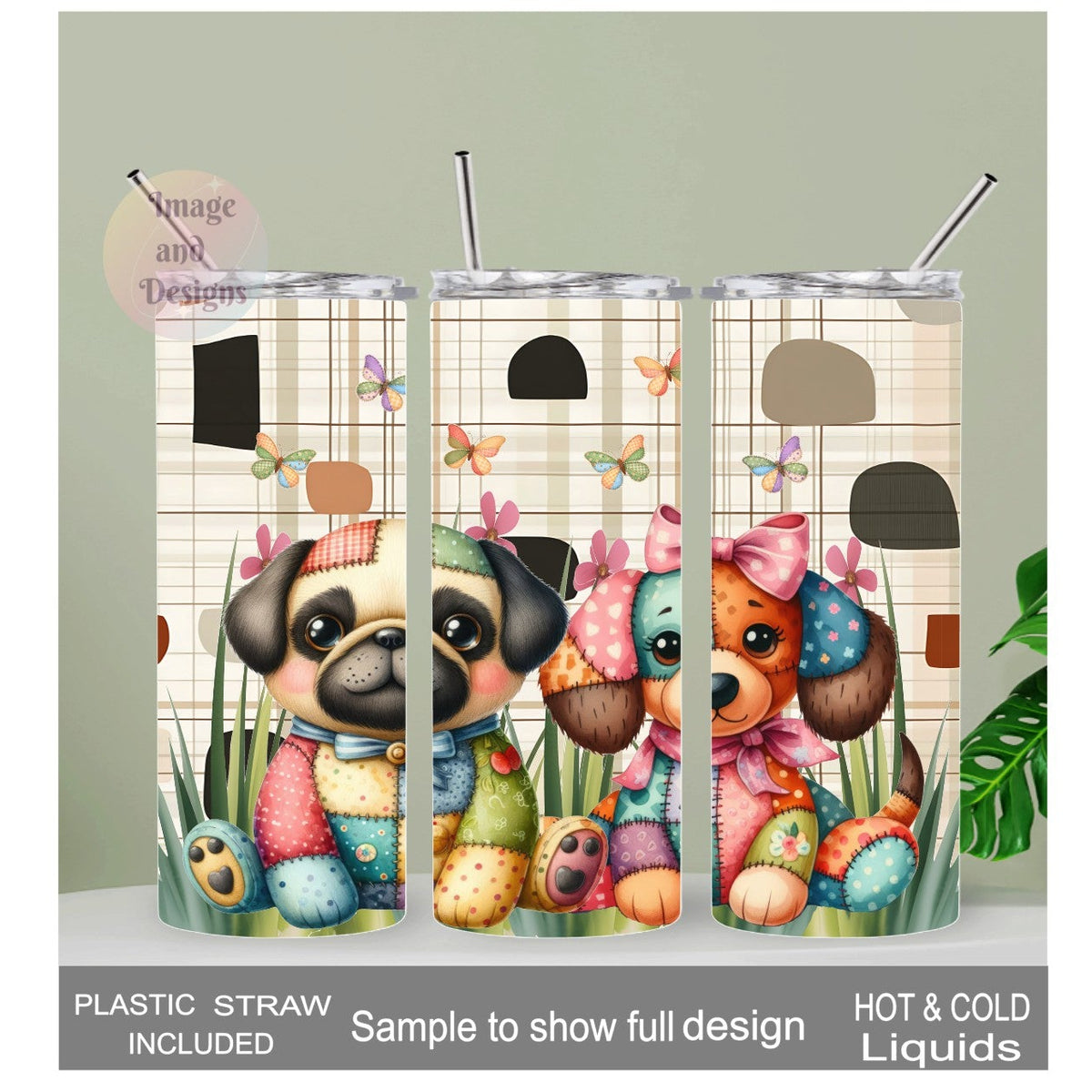 Customizable Patchwork Puppy Tumbler 20oz With Reusable Straw, Can Be Personalized