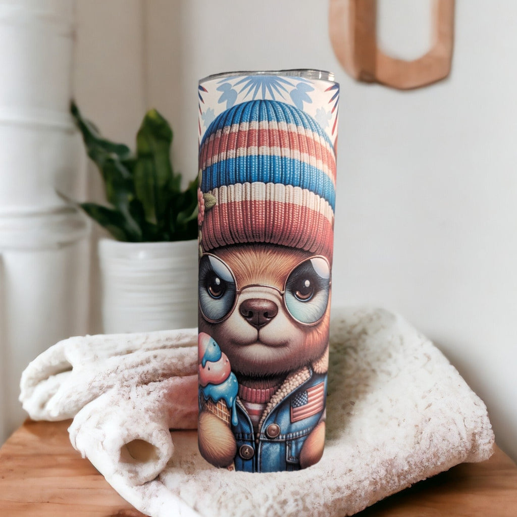 Colorful Patriotic Bear Tumbler With Reusable Straw, Can Be Personalized