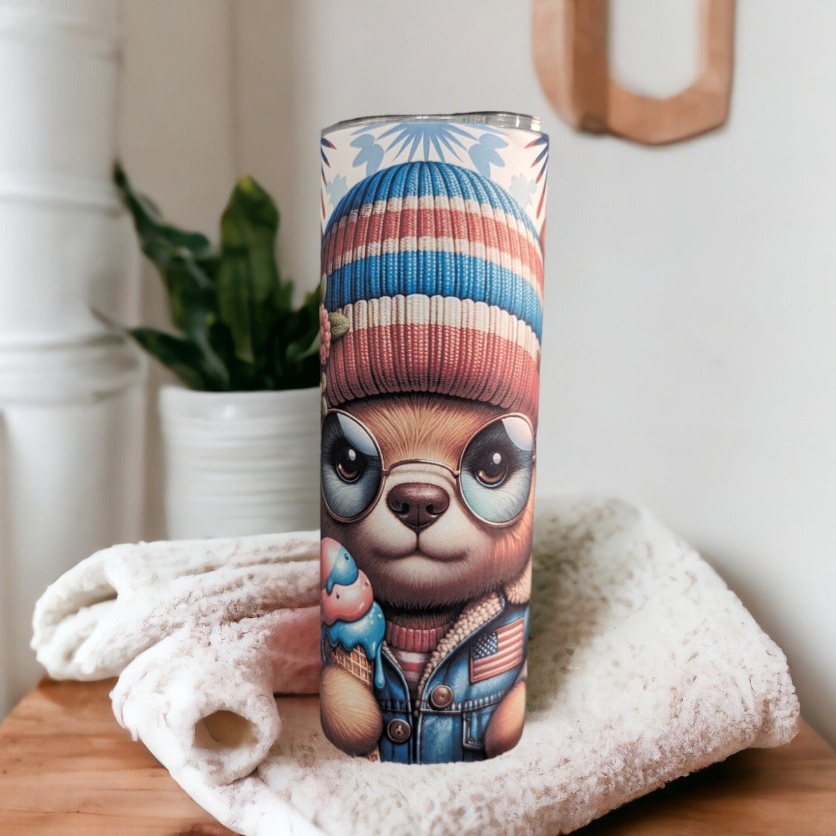 Colorful Patriotic Bear Tumbler With Reusable Straw, Can Be Personalized