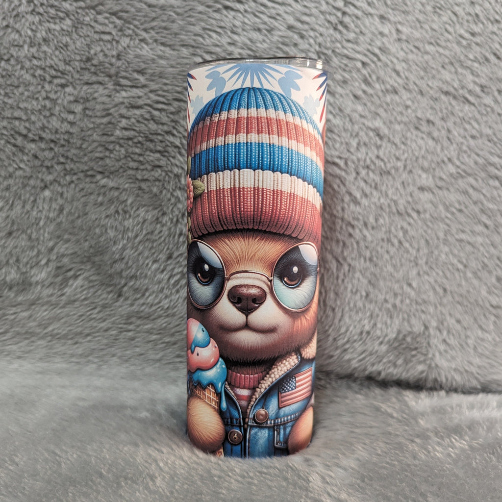 Colorful Patriotic Bear Tumbler With Reusable Straw, Can Be Personalized