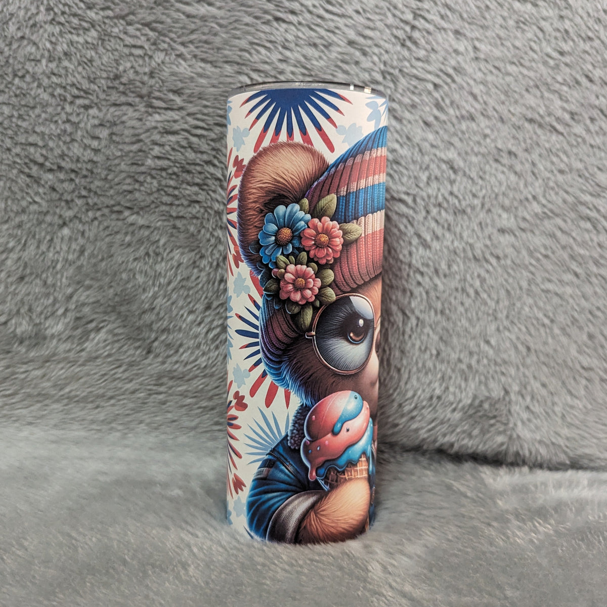 Colorful Patriotic Bear Tumbler With Reusable Straw, Can Be Personalized
