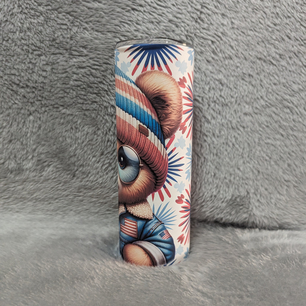 Colorful Patriotic Bear Tumbler With Reusable Straw, Can Be Personalized