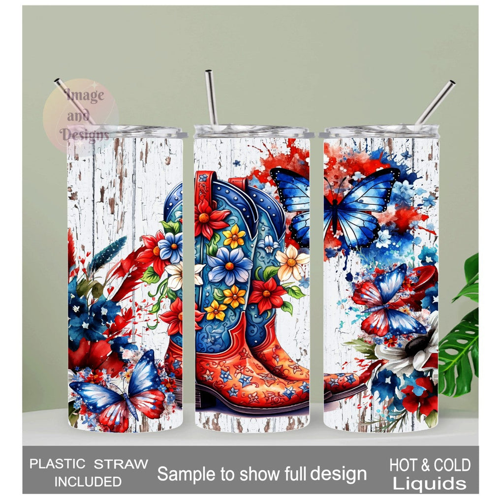 Patriotic Cowgirl Boots Tumbler 20oz With Reusable Straw, Can Be Personalized