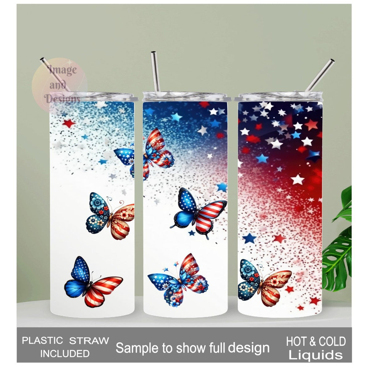 Patriotic Butterfly Tumbler 20oz With Reusable Straw, Can Be Personalized