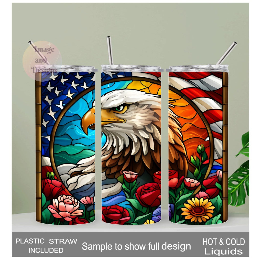 Beautiful Patriotic Eagle Tumbler With A Stained Glass Design 20oz With Reusable Straw, Can Be Personalized
