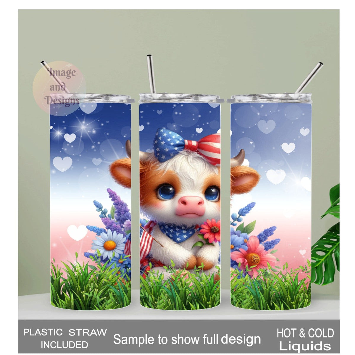 Patriotic Cow Tumbler 20oz With Reusable Straw, Can Be Personalized