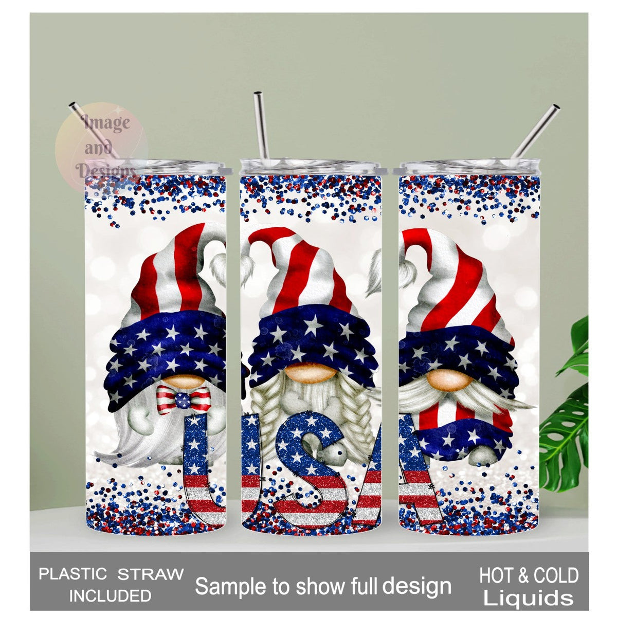 Patriotic USA Gnome Tumbler 20oz With Reusable Straw