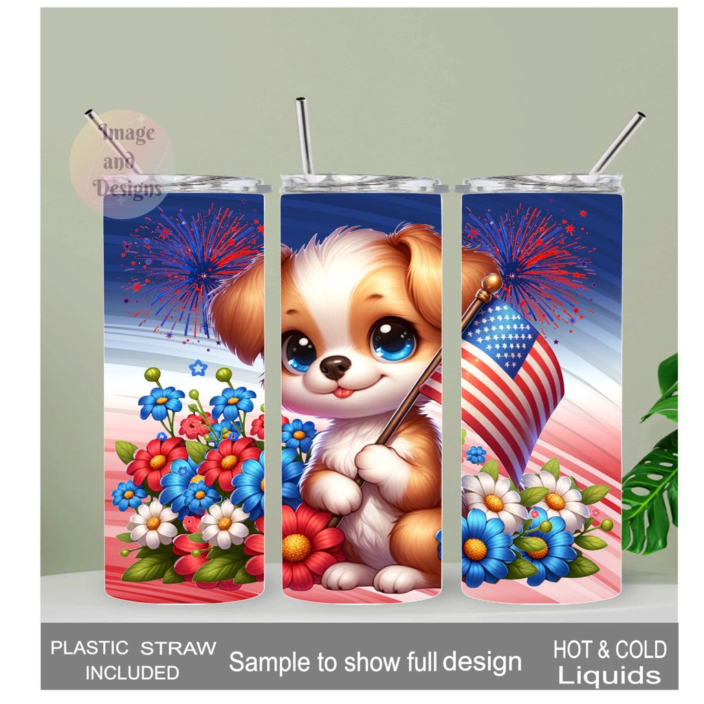 Patriotic Puppy Tumbler 20oz With Reusable Straw, Can Be Personalized