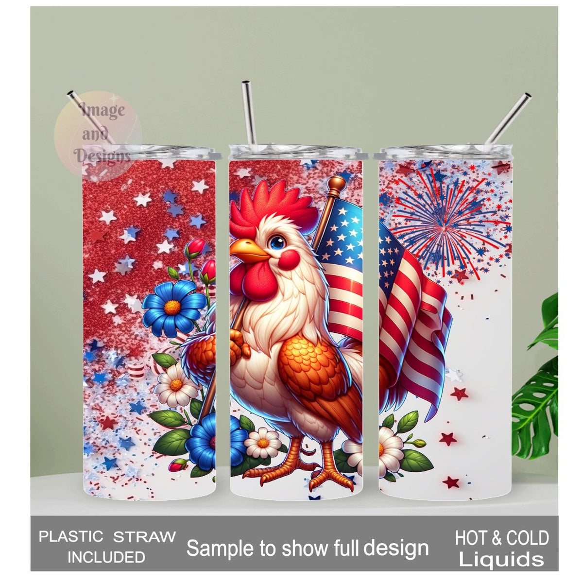 Patriotic Rooster Tumbler 20oz With Reusable Straw, Can Be Personalized