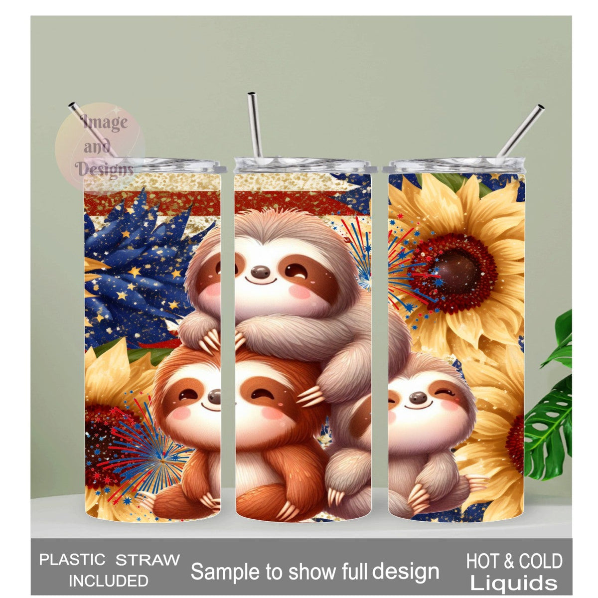 Patriotic Sloth Tumbler 20oz With Reusable Straw, Can Be Personalized