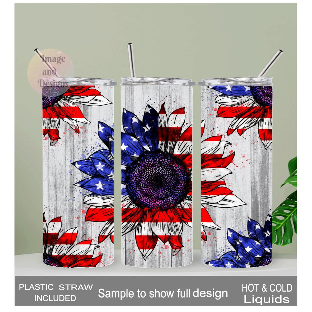 Patriotic Sunflower Tumbler 20oz With Reusable Straw, Can Be Personalized