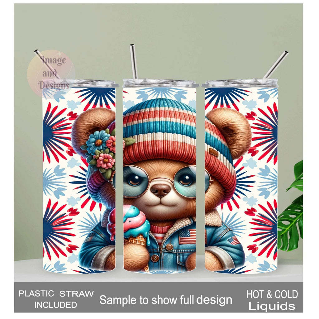 Colorful Patriotic Bear Tumbler With Reusable Straw, Can Be Personalized