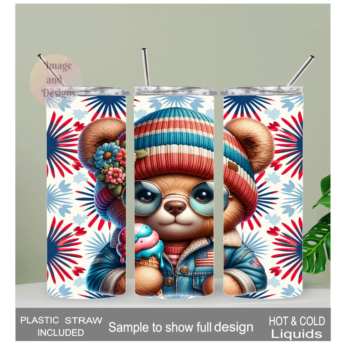 Colorful Patriotic Bear Tumbler With Reusable Straw, Can Be Personalized