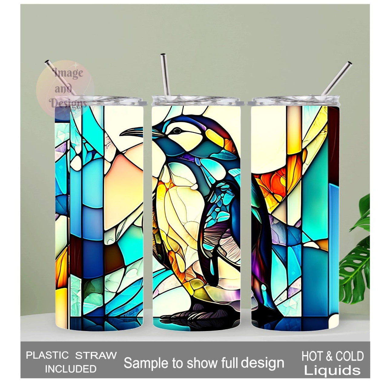 Penguin Tumbler With A Stained Glass Design 20oz With Reusable Straw, Can Be Personalized