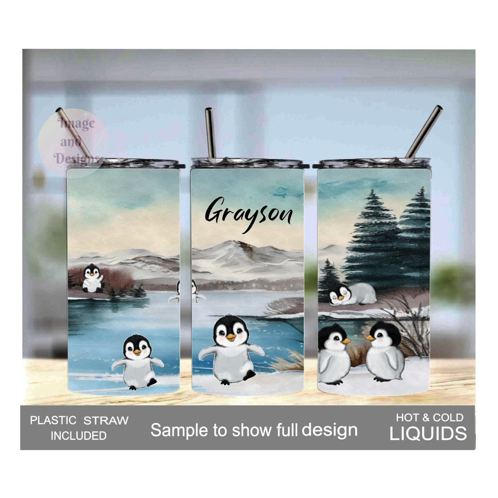 Kids Penguin Tumbler 15oz With Reusable Straw, Can Be Personalized