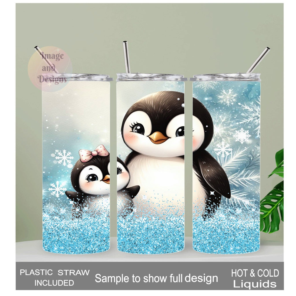 Penguin Tumbler With A Blue Glitter Design 20oz With Reusable Straw, Can Be Personalized