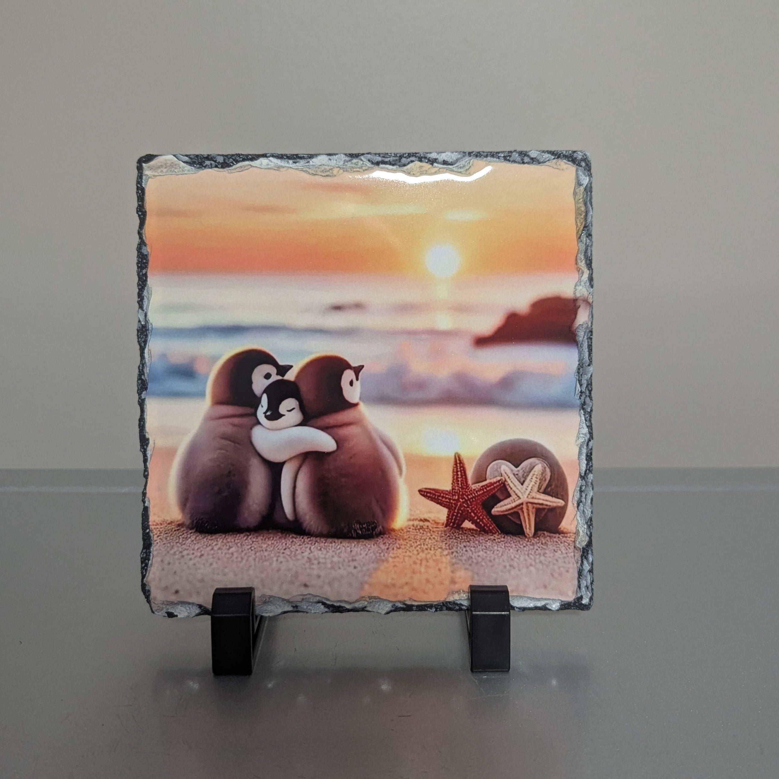 Penguins On The Beach Slate Picture With Display Legs