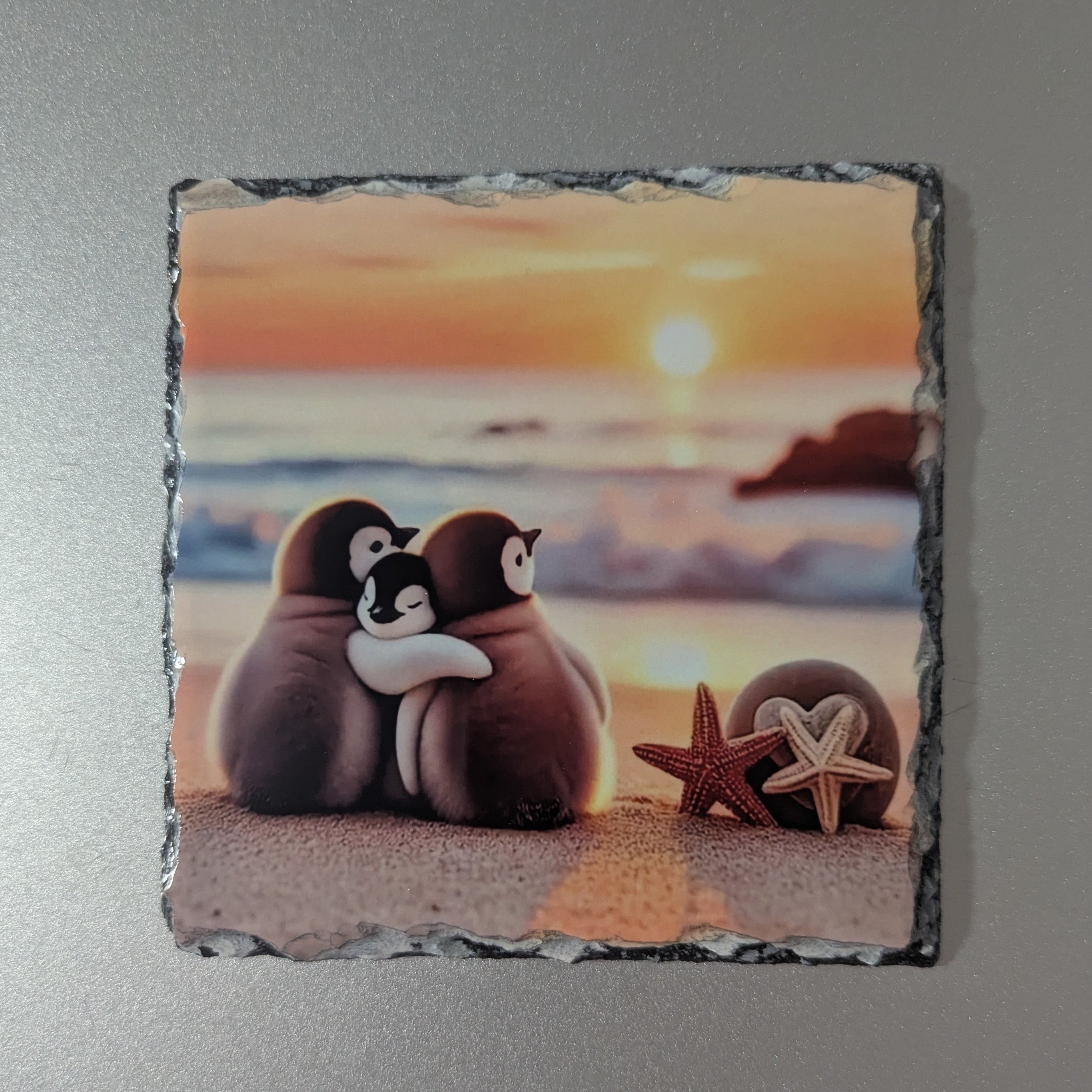Penguins On The Beach Slate Picture With Display Legs