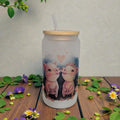 Pig Design Frosted Glass 16oz With A Bamboo Lid And A Reusable Straw