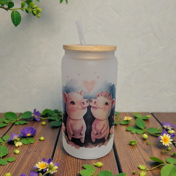 Pig Design Frosted Glass 16oz With A Bamboo Lid And A Reusable Straw