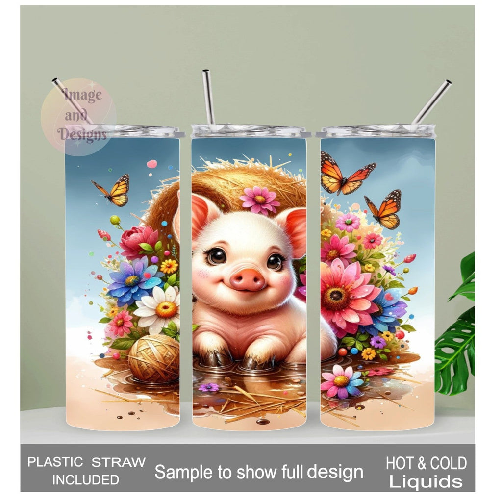 Floral Pig Tumbler 20oz With Reusable Straw, Can Be Personalized