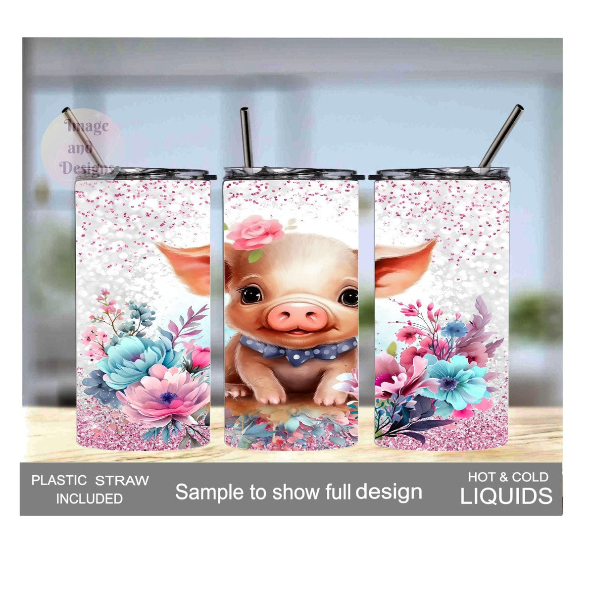 Cute Pig Tumbler With Flowers and A Glitter Design 15oz With Reusable Straw Can Be Personalized