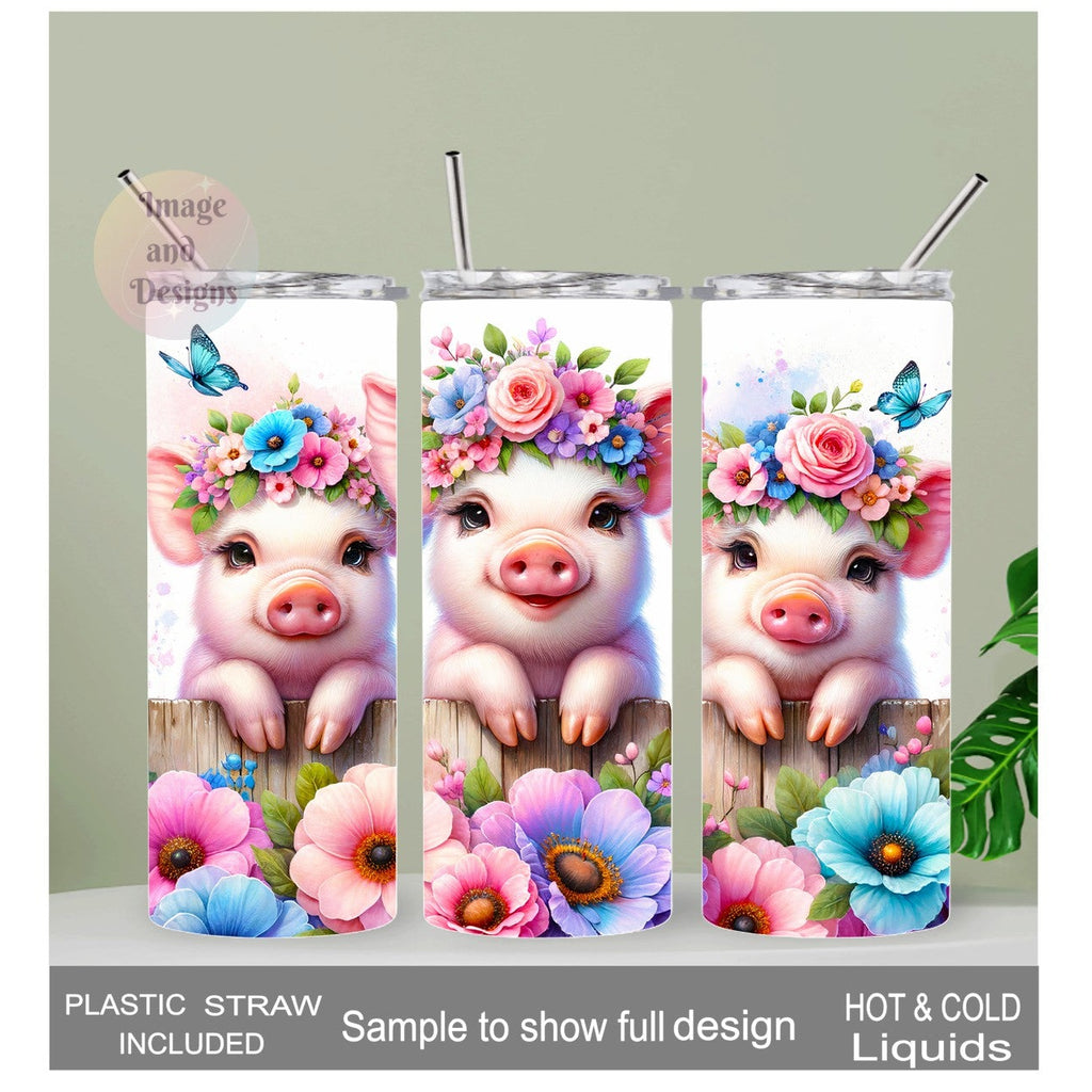 Floral Pig Tumbler 20oz With Reusable Straw, Can Be Personalized