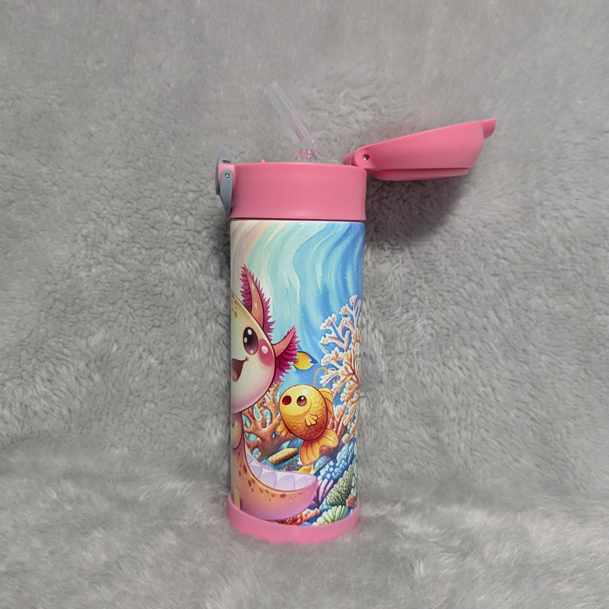 Kids Axolotl Water Bottle 12oz With Reusable Straw Can Also Be Personalized