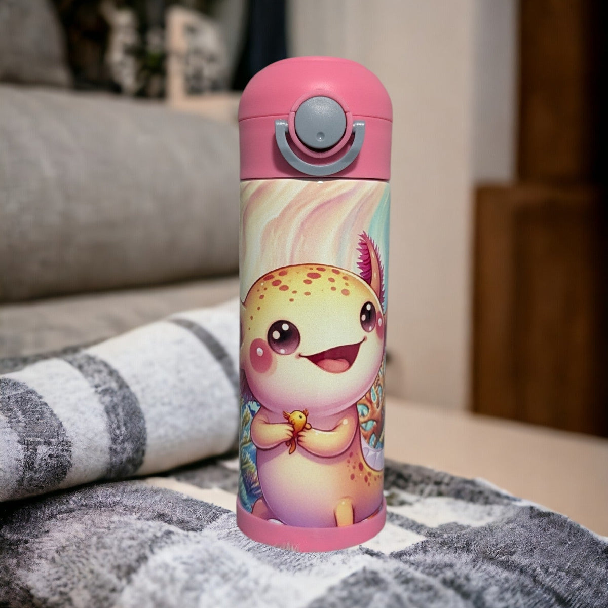 Kids Axolotl Water Bottle 12oz With Reusable Straw Can Also Be Personalized