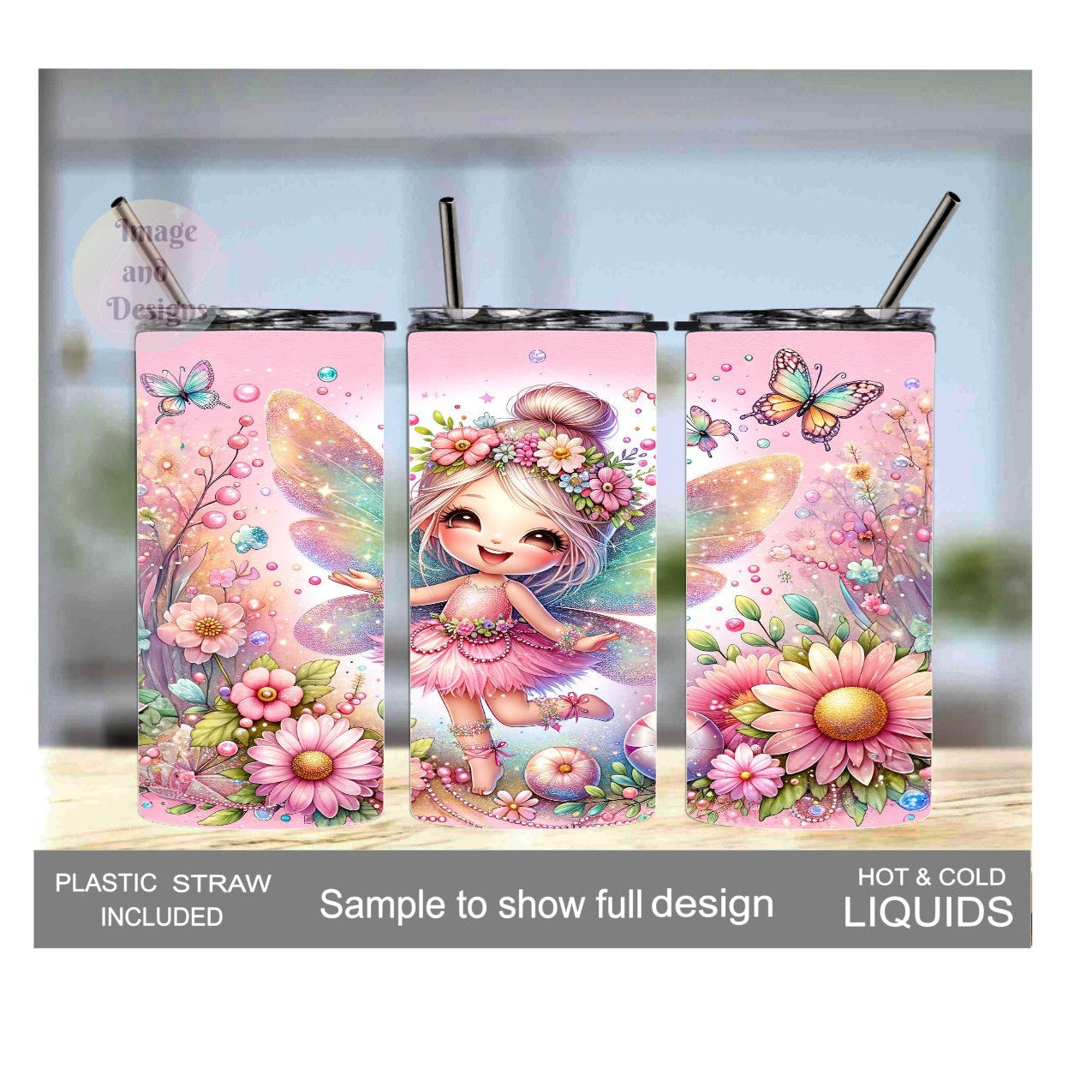 Pretty Girl Fairy Tumbler With Flowers 15oz With Reusable Straw, Can Be Personalized