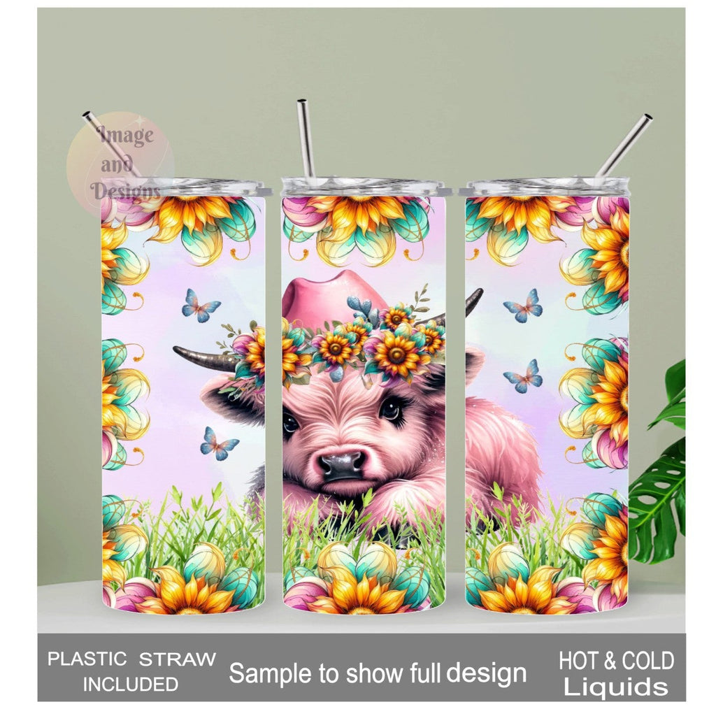 Pink Highland Cow Tumbler With Sunflowers 20oz With Reusable Straw, Can Be Personalized